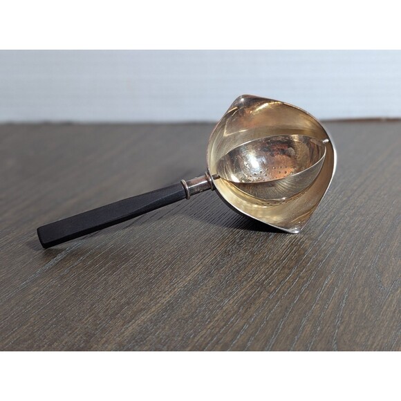 VTG Alpaka German Swivel Tea Strainer with Drip Cup Wood Handle Silver Plated